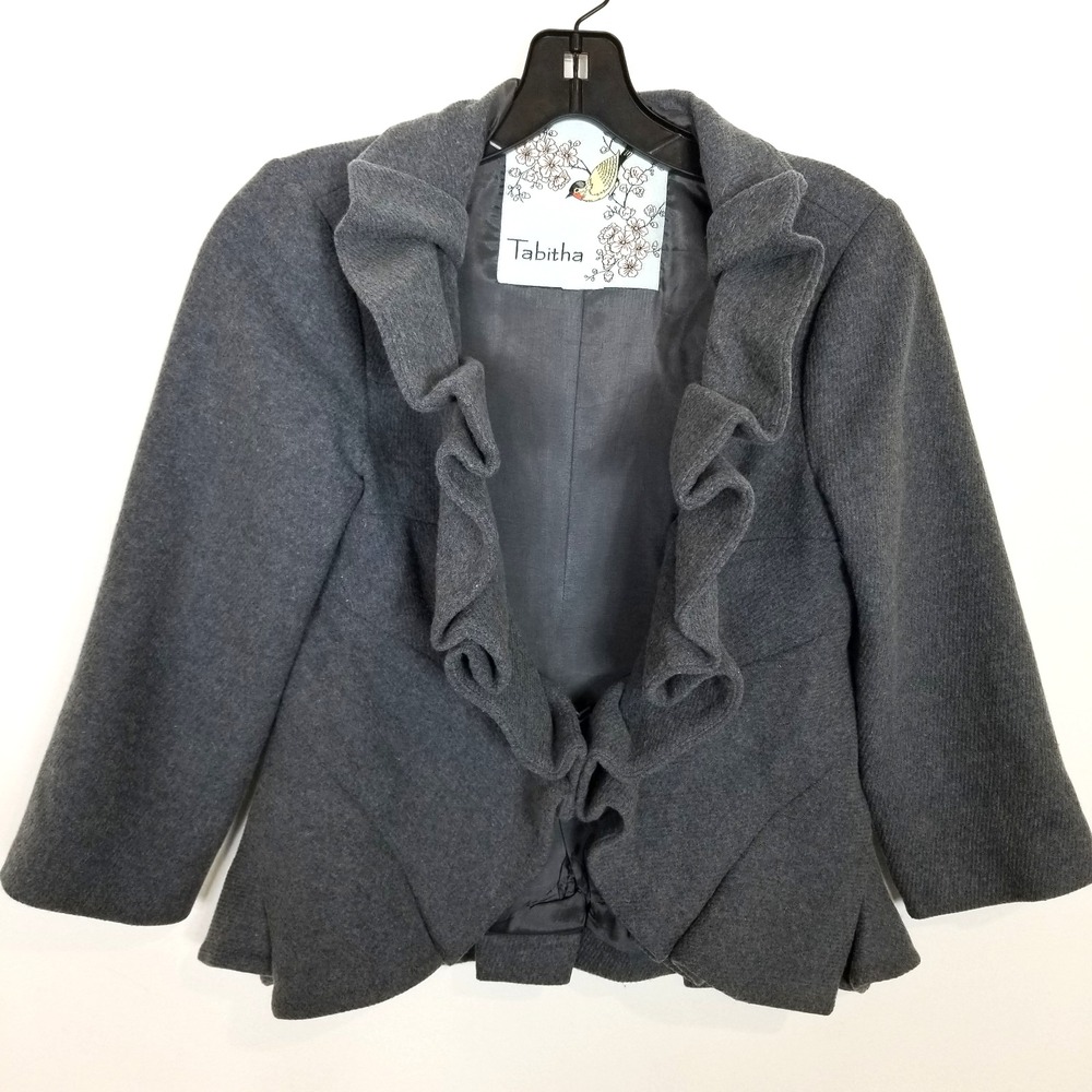 Anthropologie Tabitha Jacket Size 6 Gray Blue Wool Blend Terrace House Ruffle‎